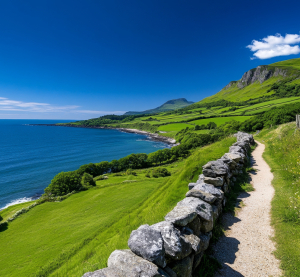K&uuml;stenlandschaft in Nordirland mit Wanderweg entlang einer Steinmauer, gr&uuml;nen H&uuml;geln und Blick auf das Meer bei klarem Himmel.